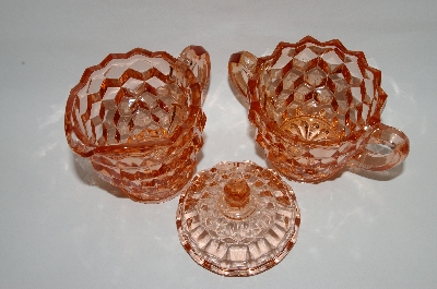 +MBA #63-045  Vintage Pink Depression Glass "Cube" Cream & Sugar Set