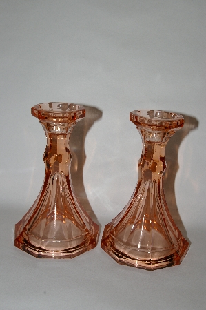 +MBA #63-240  Vintage ark Pink Depression Glass Candle Stick Holders "Set Of 2"