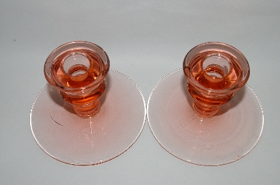 +MBA #64-155   " Pair Of Vintage Pink Depression Glass Candle Stick Holders