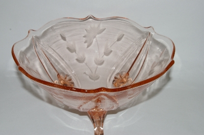 +MBA #64-220  " Vintage Pink Depression Glass Floral Etched 3 Footed Serving Bowl