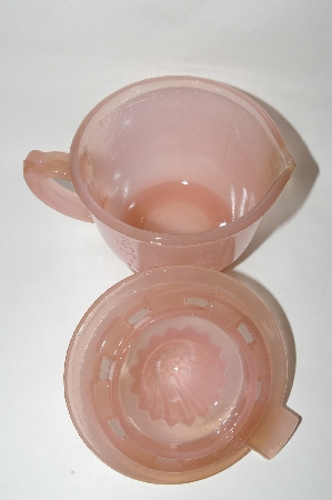 +MBA #63-026  " Reproduction Pink Milk Glass Mixer, Measuring Cup & Reamer Combo