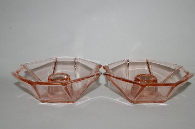 +MBA #64-231   " Pair Of Vintage Pink Depression Glass Square Candle Stick Holders