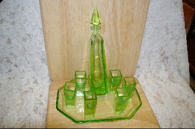 +MBA #5059  "Czechoslovakian Green Glass Shot Glass & Decanter Set #5059