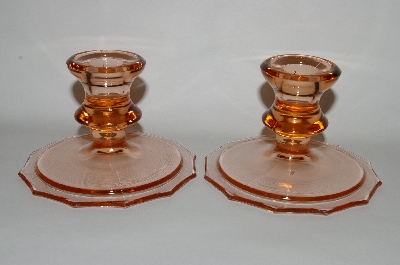 +MBA #63-245  Vintage Pink Depression Glass Pair Of Candle Stick Holders