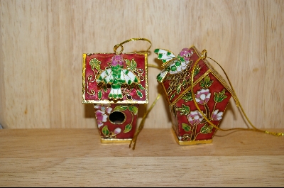 +MBA  "Set Of 2 Red Bird Houses W /Small Birds Attached Ornaments #4987