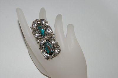 +MBA #65-195   Sterling Green Turquoise 2 Stone Fancy Leaf Ring
