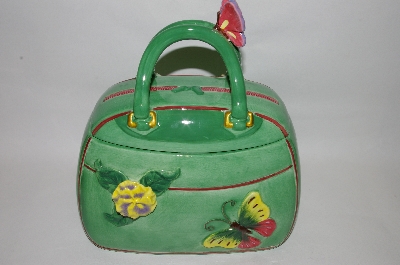 +MBA #69-056   " Green 3 D Flower & Butterfly Handbag Cookie Jar