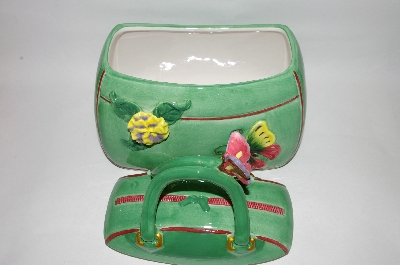 +MBA #69-056   " Green 3 D Flower & Butterfly Handbag Cookie Jar