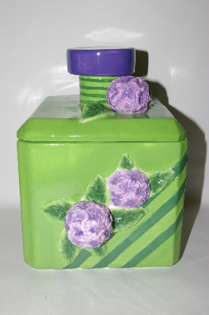 +MBA #69-062   " Large Green 3D Purple Flower Square Ceramic Cookie Jar