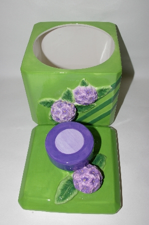 +MBA #69-062   " Large Green 3D Purple Flower Square Ceramic Cookie Jar