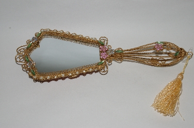 +MBA #66-091   " Pink Victorian Look Pink Velvet Faux Jeweled Hand Mirror