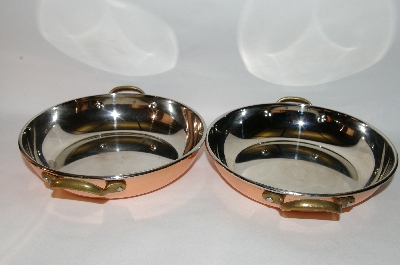 +MBA #70-8069  "35 Year Old Set Of 2 Copper Saute Pans With Brass Handles 