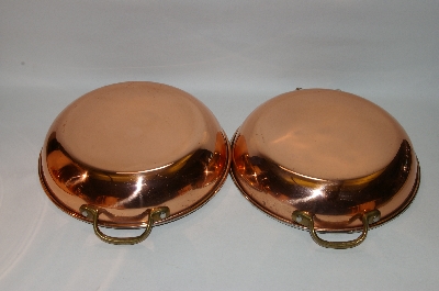 +MBA #70-8069  "35 Year Old Set Of 2 Copper Saute Pans With Brass Handles 