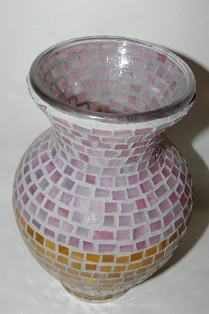 +MBA #70-7959  "1 Of A Kind Large Hand Made Pink & Butterscotch Stained Glass Mosiac Vase