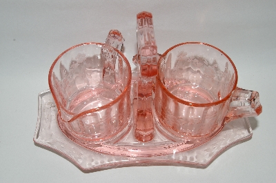 +MBA #69-208  Vintage Pink Depression Glass Floral Etched Cream & Sugar Set With Matching Stand