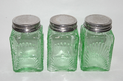 +MBA #69-202   "2003 Set Of 3 Vintage Reproduction Green Glass Spice Jars
