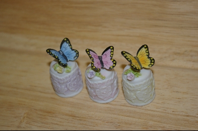 + Collectible Set Of Three Enesco Porcelain Butterfly Thimbles