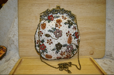 +MBA #SW-1    "1980's Antique Look White Satin Hand Beaded Purse