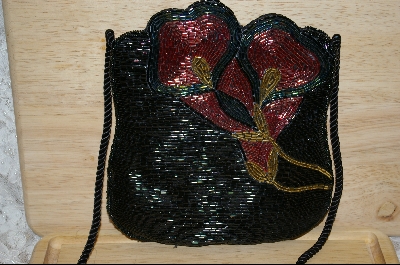 +MBA #HBBFP    "1980's Hand Beaded Black Floral Purse