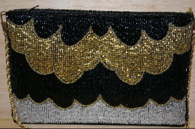 +MBA #SBHG    "1980's Hand Beaded Black, Silver & Gold Clutch Style Purse