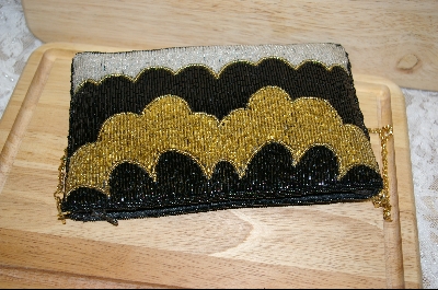 +MBA #SBHG    "1980's Hand Beaded Black, Silver & Gold Clutch Style Purse