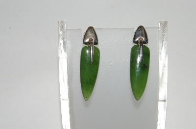 +MBA #80-101  Sterling Fancy Cut Dark Green Jade Earrings