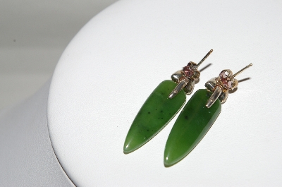 +MBA #80-101  Sterling Fancy Cut Dark Green Jade Earrings