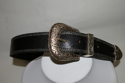 +MBA #81-119   "Made In The USA Black Leather Belt With Silvertone Buckle & Tip