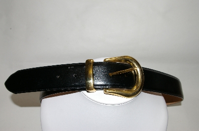 +MBA #81-083  "Black Leather Belt With Gold Tone Buckle