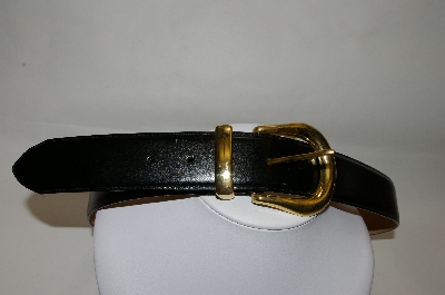 +MBA #81-083  "Black Leather Belt With Gold Tone Buckle