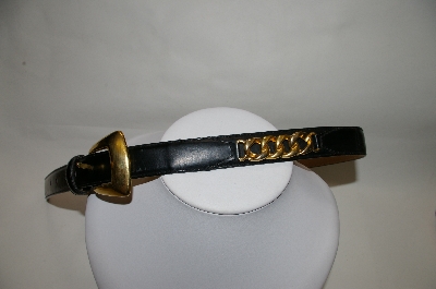 +MBA #81-066  "Black Leather Belt With Gold Tone Buckle & Trim