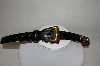 +MBA #81-066  "Black Leather Belt With Gold Tone Buckle & Trim