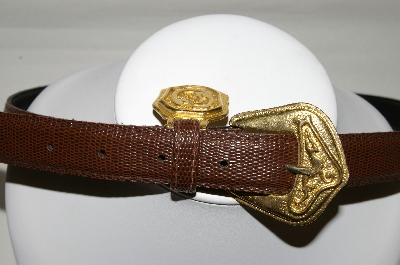 +MBA #81-033  "Made In The USA Brown Snake Skin Look Belt With Gold Plated Buckle & Trim