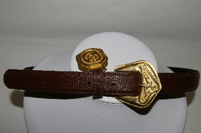+MBA #81-033  "Made In The USA Brown Snake Skin Look Belt With Gold Plated Buckle & Trim