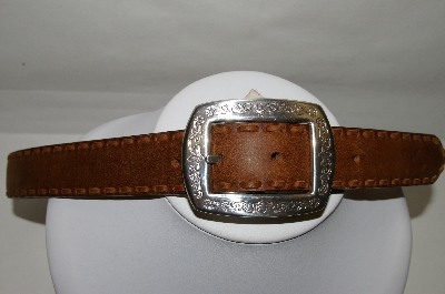 +MBA #82-106  "Justin Tan Stitch Leather Belt With Silver Plated Buckle