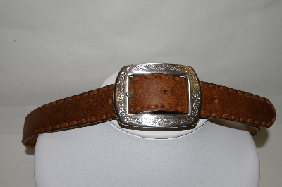+MBA #82-106  "Justin Tan Stitch Leather Belt With Silver Plated Buckle