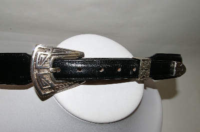+MBA #82-111  "Justin 1993 Black Leather Belt With 3 Piece Silver Plated Buckle Set