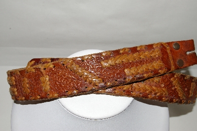 +MBA #82-091  "1980's Tan Hand Tooled & Whip Stitched Leather Belt