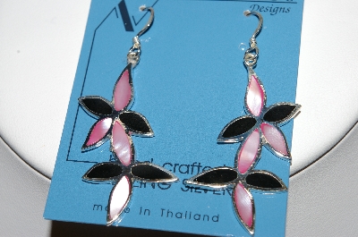 +MBA #84-146   Sterling Pink & Black  Shell Inlayed Floral Earrings