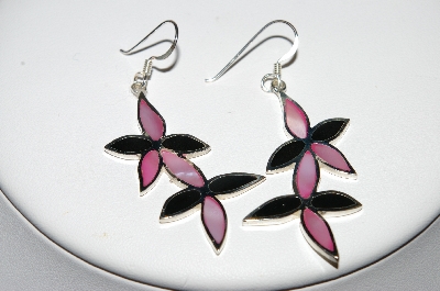 +MBA #84-146   Sterling Pink & Black  Shell Inlayed Floral Earrings