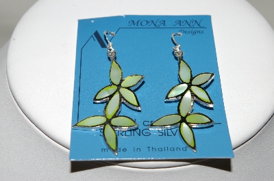 +MBA #84-141   Sterling Green Shell Inlayed Floral Earrings