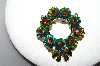 +MBA #87-298   Vintage Gold Tone AB Glass & Red Rhinestone Wreath Pin