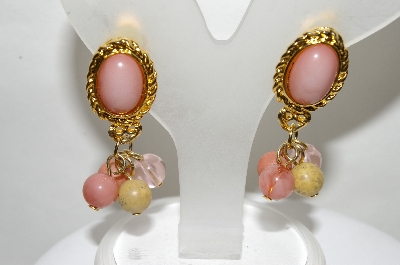 +MBA #88-165   Vintage Gold Tone Pink Stone & Bead Dangle Earrings