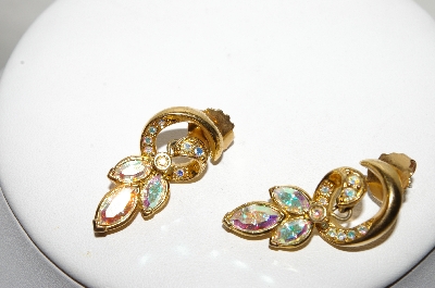 +MBA #89-094  Avon Gold Tone AB Crystal Rhinestone Pierced Earrings