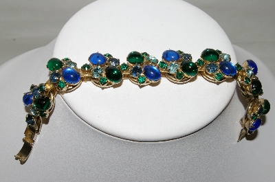 +MBA #88-062   Gold Plated Green & Blue Glass Cabachon & Rhinestone Bracelet