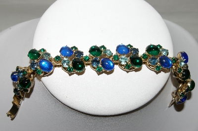 +MBA #88-062   Gold Plated Green & Blue Glass Cabachon & Rhinestone Bracelet
