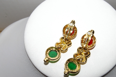+MBA #88-204   Goldtone Green & Red Glass Cabochon Dangle Clip On Earrings
