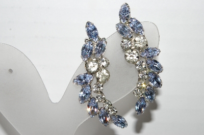 +MBA #92-033 "Vintage Silvertone Blue & Clear Crystal Rhinestone Clip On Earrings"