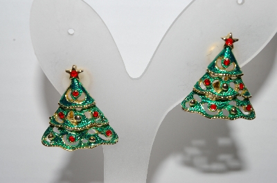 +MBA #97-002 "Vintage Goldtone Enameled Christmas Tree Clip On Earrings"