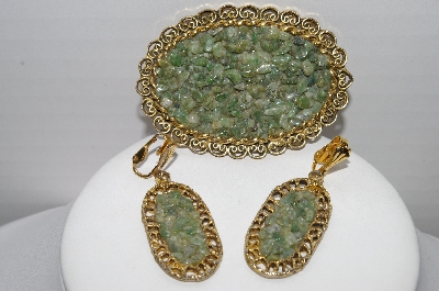 +MBA #96-090 "Vintage Goldtone Green Gemstone Large Brooch & Matching Earrings"